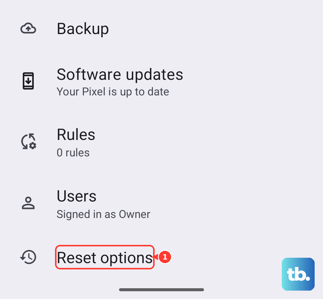 In Settings, go to System and tap Reset options (Android 16, Pixel emulator).