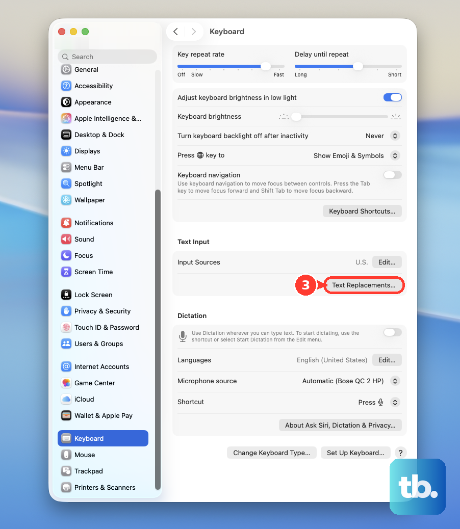 In System Settings > Keyboard, click Text Replacements…