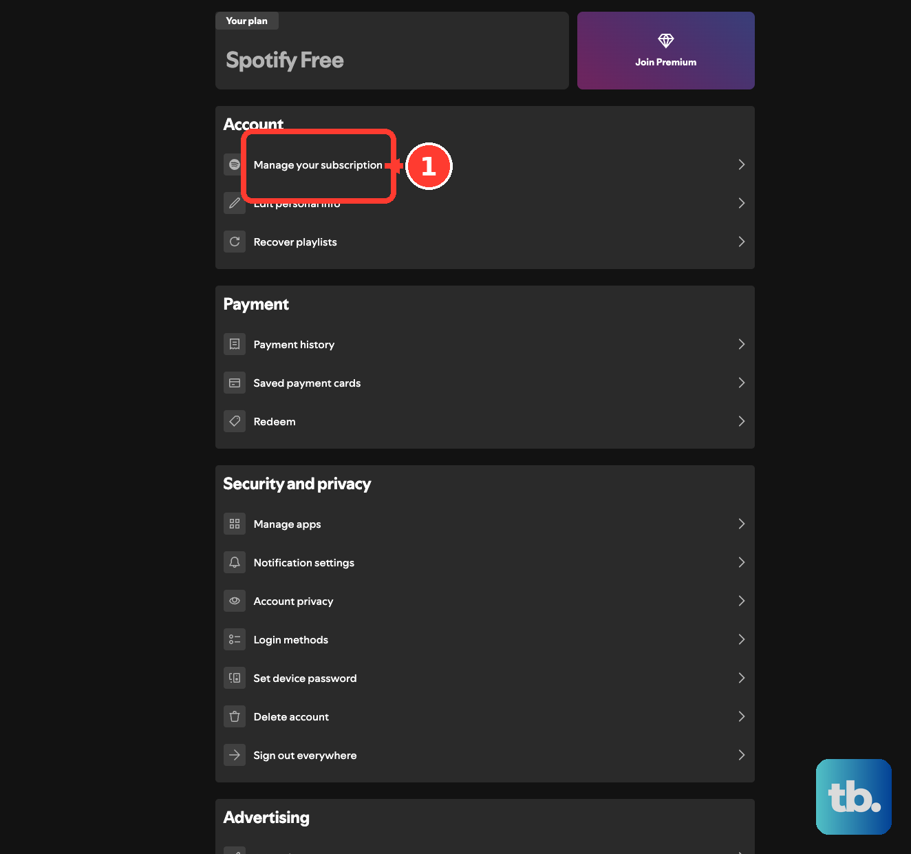 Manage your subscription is the first row under Account on the account overview.