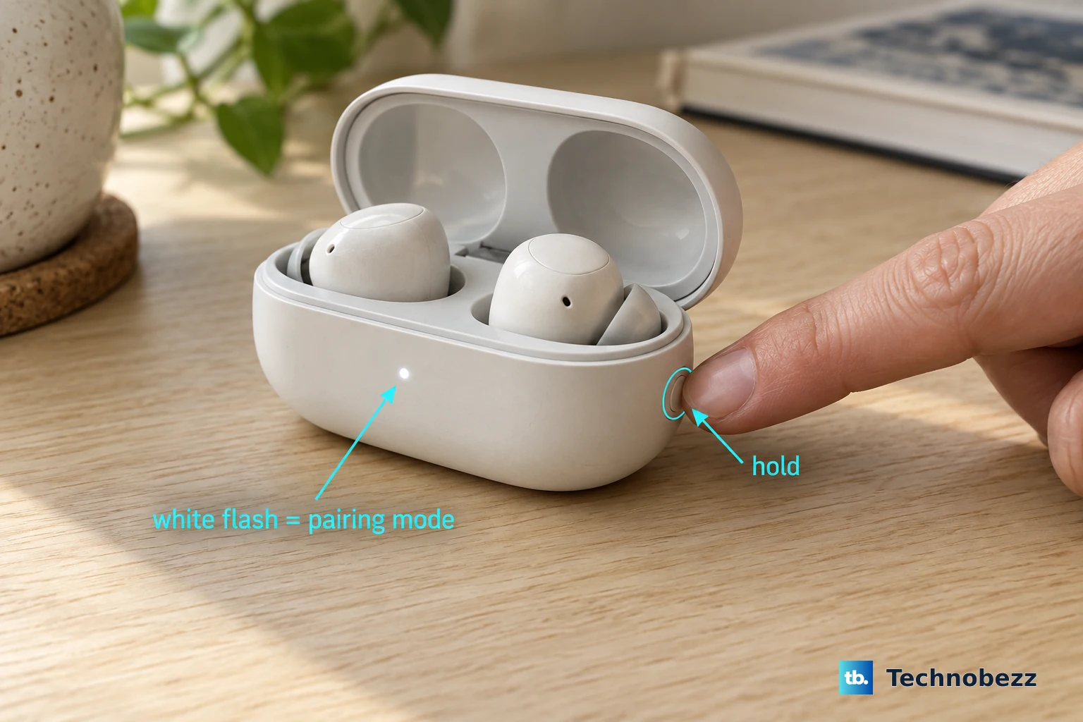 Close view of an open charging case on a light wooden desk with two earbuds seated inside; a fingertip presses the small system button on the case edge, and a cyan callout arrow marks the status light on the front of the case flashing white.