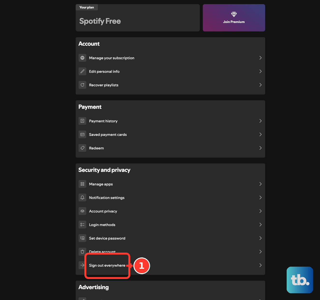Sign out everywhere is the last row under Security and privacy on the account overview.