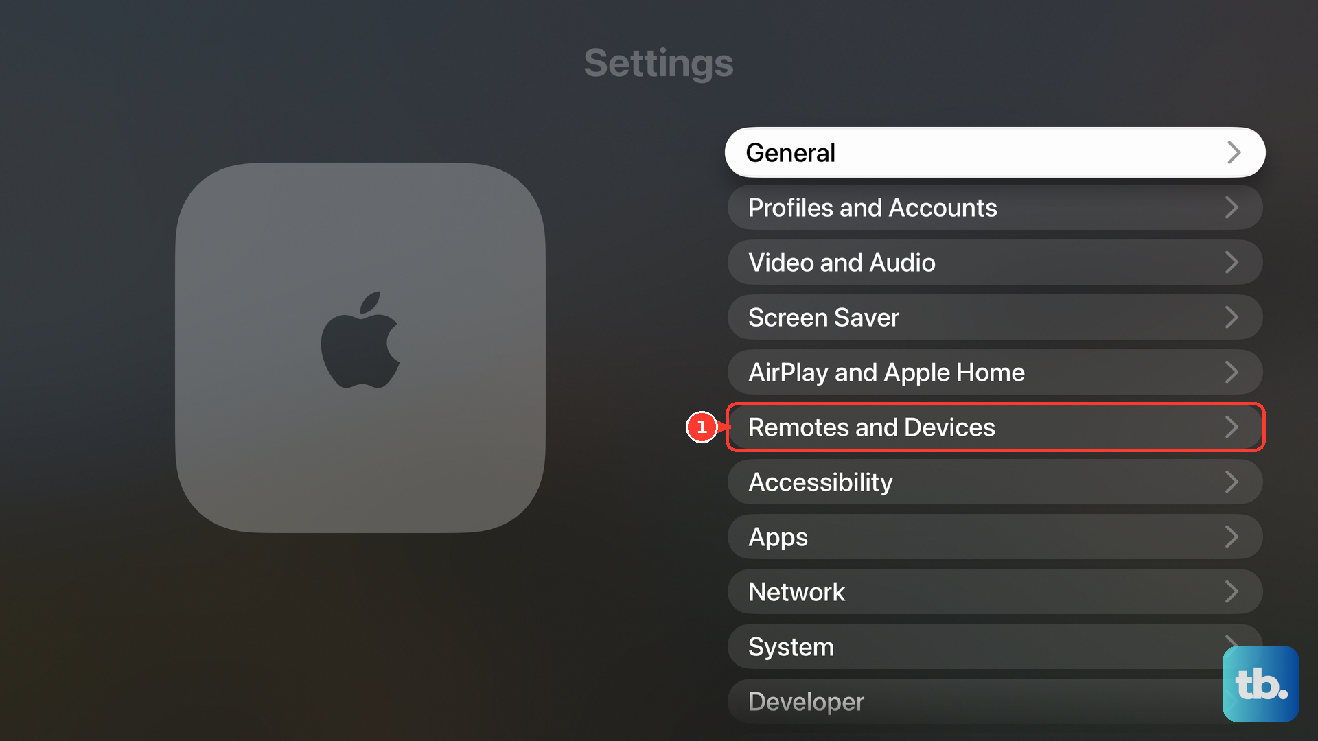 On Apple TV, open Settings and select Remotes and Devices.