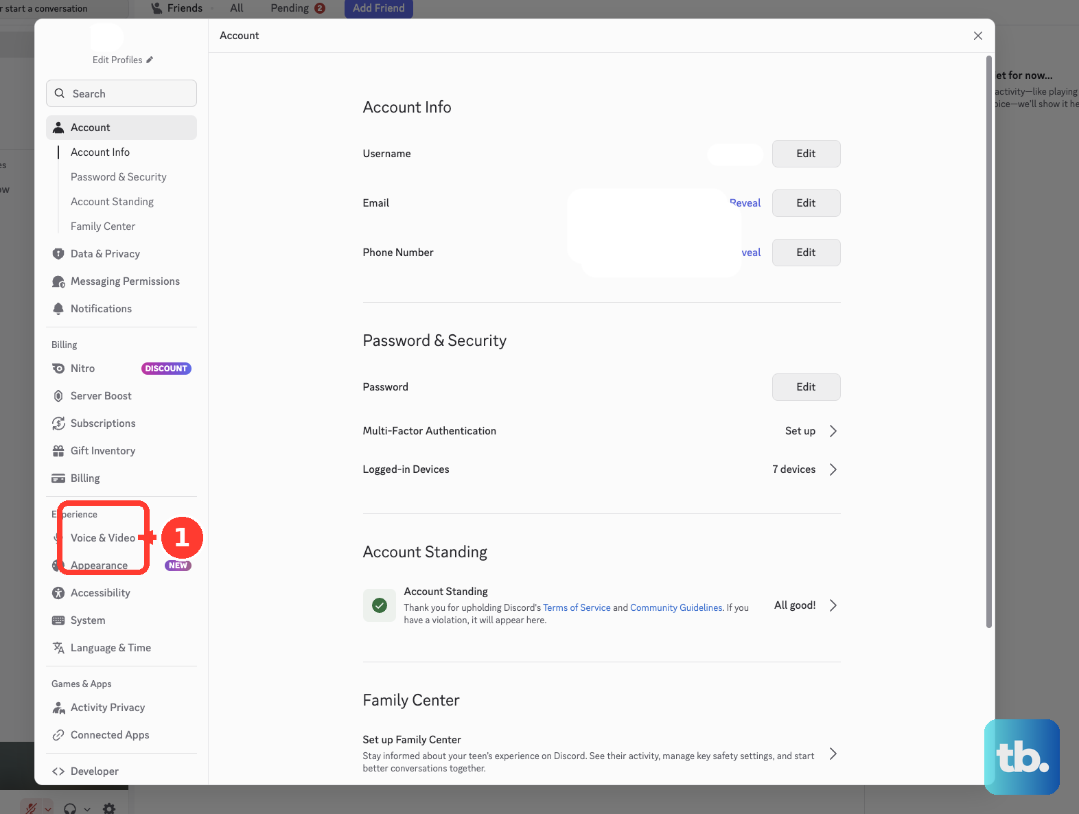 Voice & Video is in the User Settings rail under Experience.