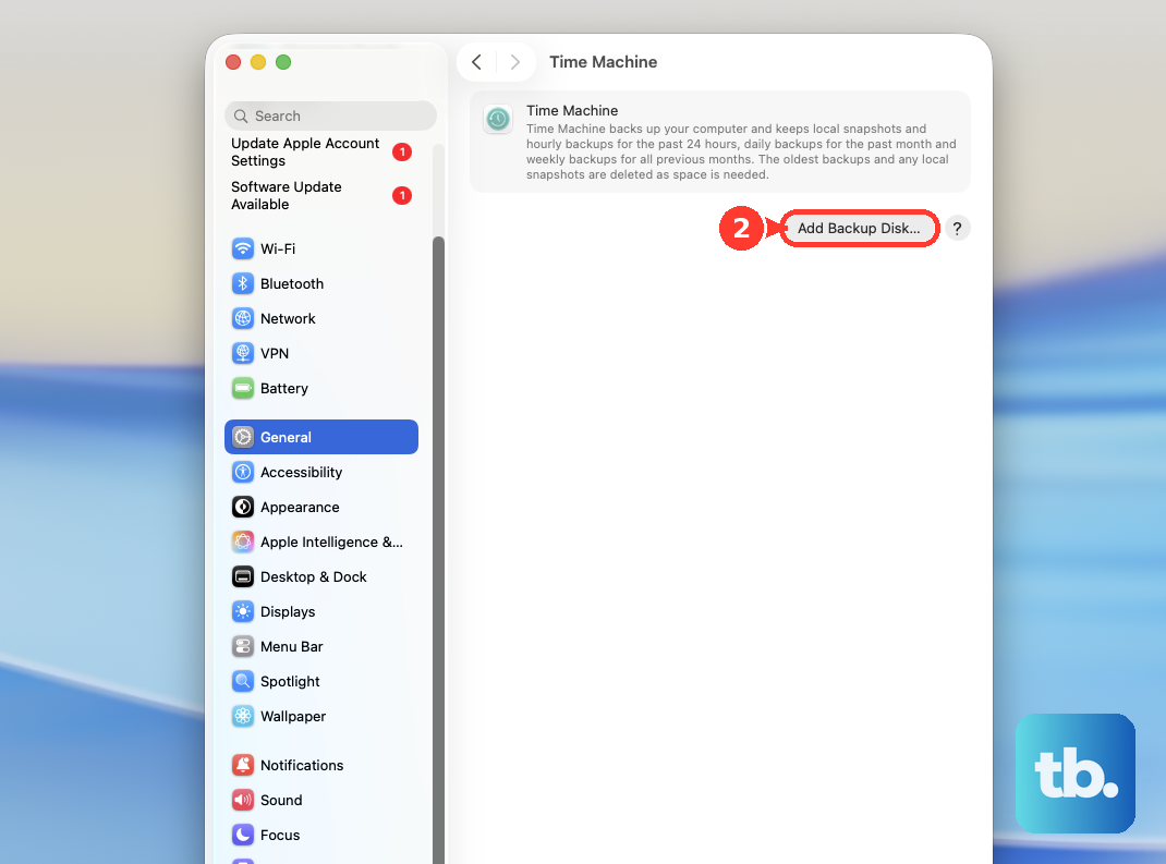 In System Settings > General > Time Machine, click Add Backup Disk…