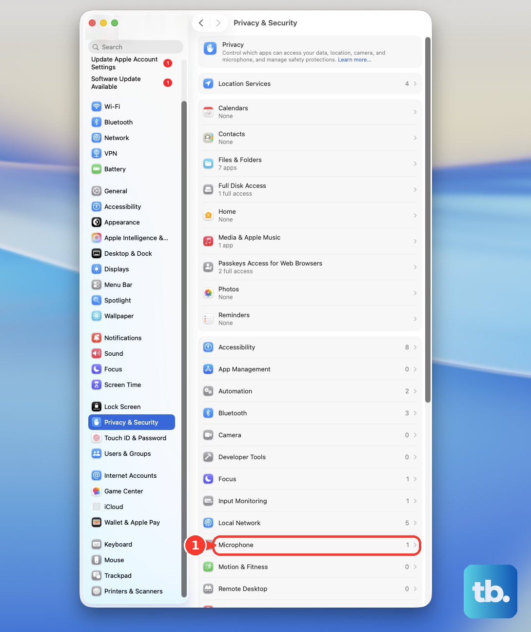 In System Settings > Privacy & Security, click Microphone.