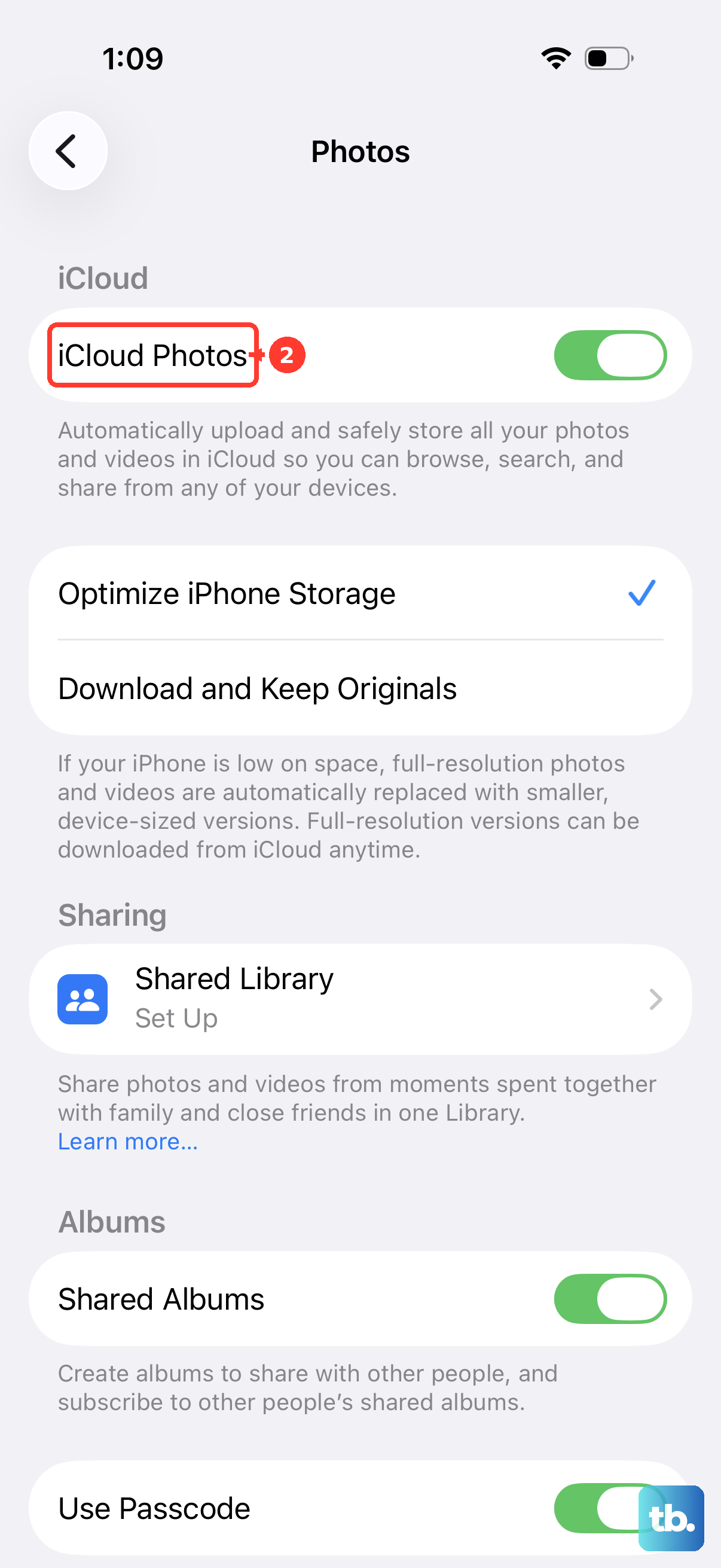 iCloud Photos is the first switch on the Photos settings pane.