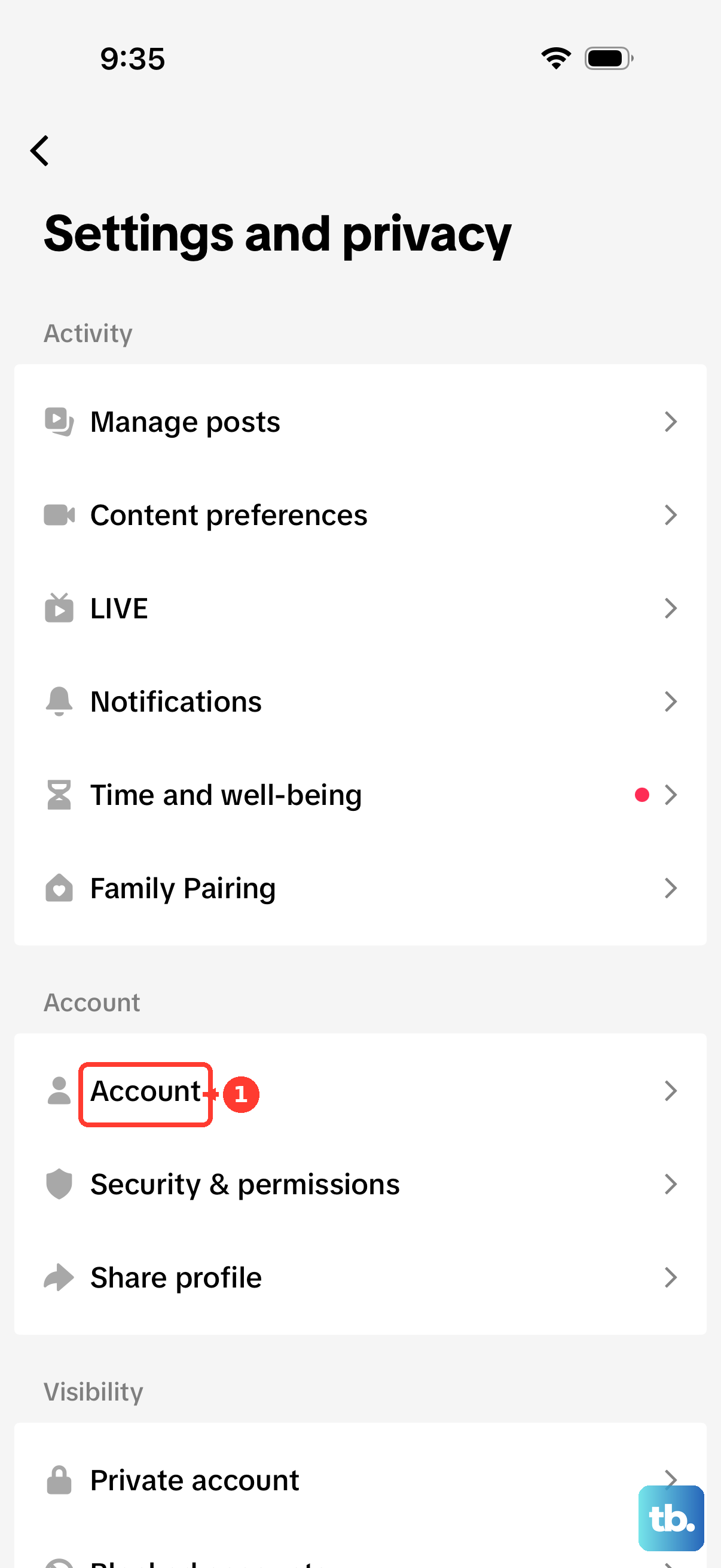 In Settings and privacy, tap Account.
