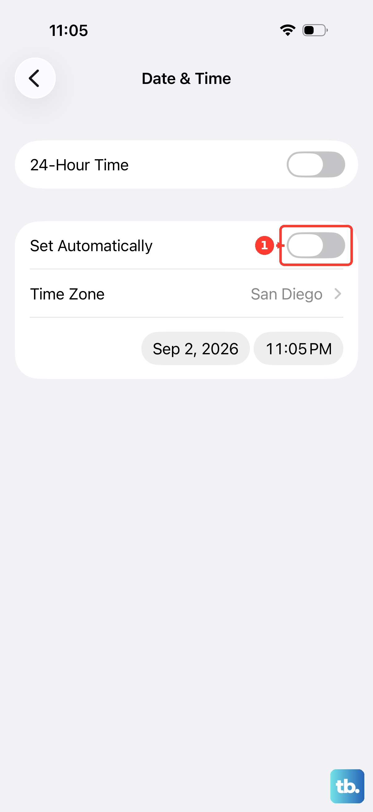 Set Automatically is the switch that lets iPhone pick the date, time and zone itself.