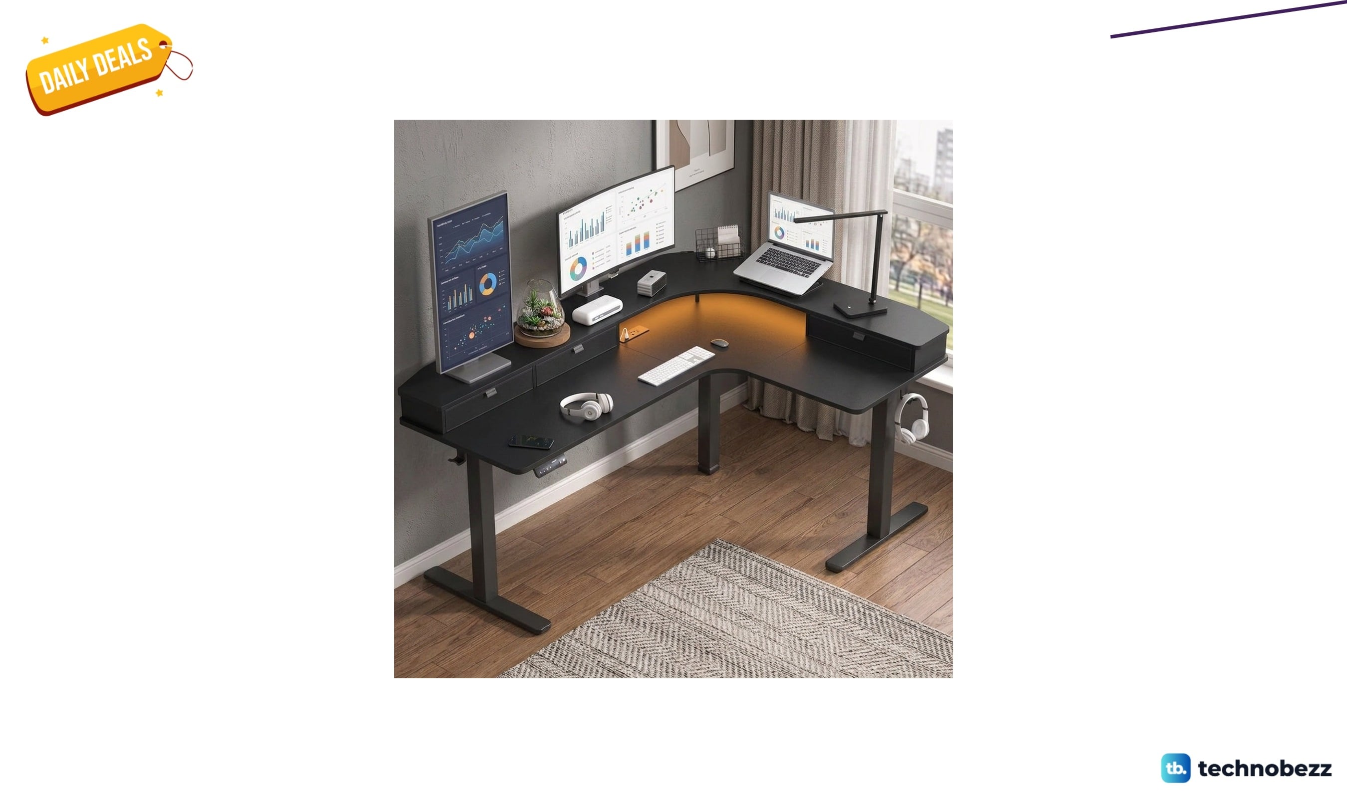 Inbox Zero 66-inch height-adjustable L-shaped desk with power outlets for $309.99 at Wayfair