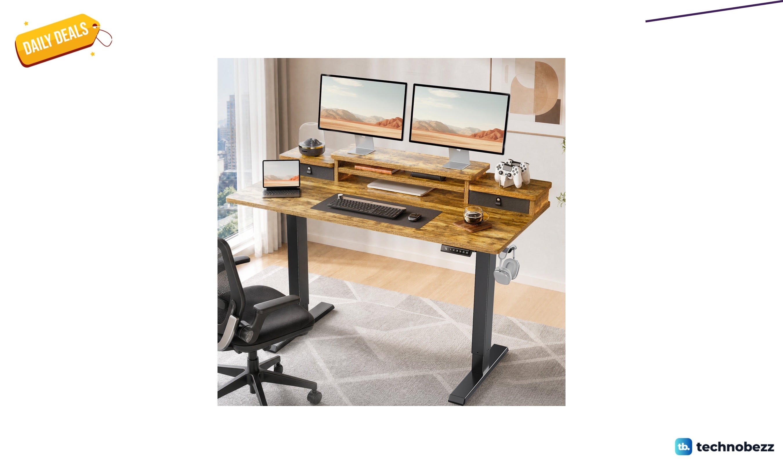 17 Stories electric standing desk with dual-tier monitor shelf for $189.99 at Wayfair