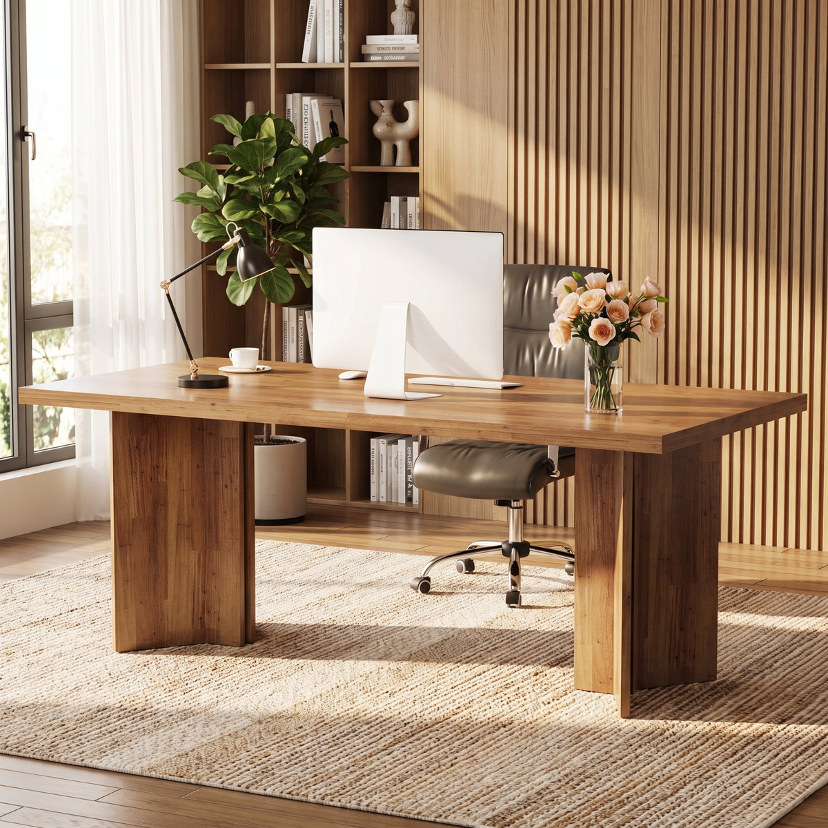 Wentygam 63-inch farmhouse executive desk Walnut Brown