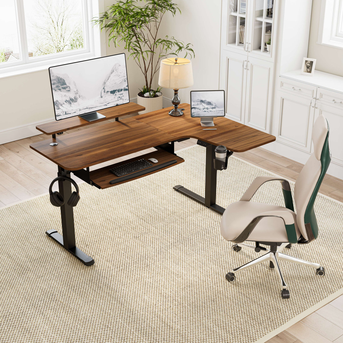 Inbox Zero Marquasha L-shaped standing desk Right Hand Return, Walnut/Black