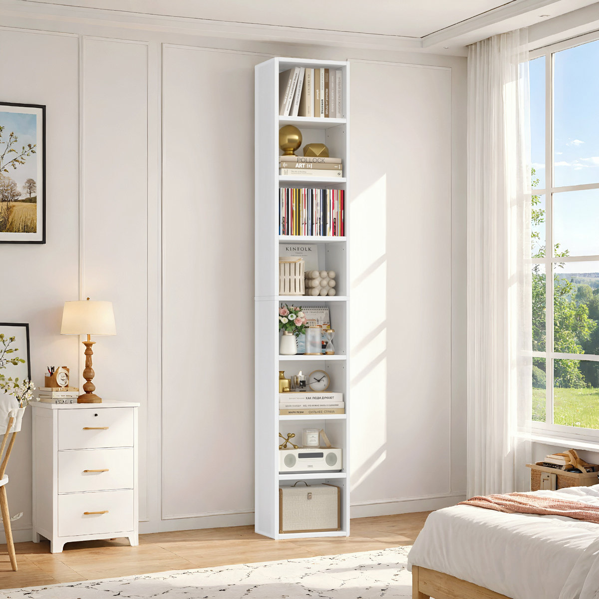 Millwood Pines Gracyn 72-inch narrow eight-tier bookcase with adjustable shelves White, 1