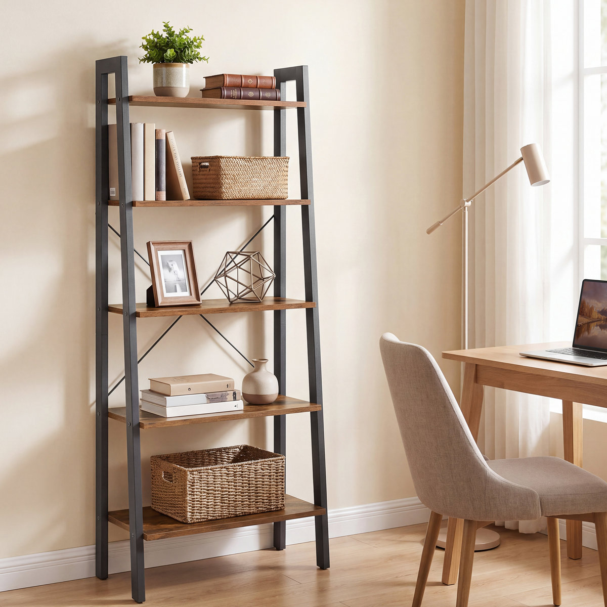 Williston Forge Jabari metal ladder bookcase Black/Brown