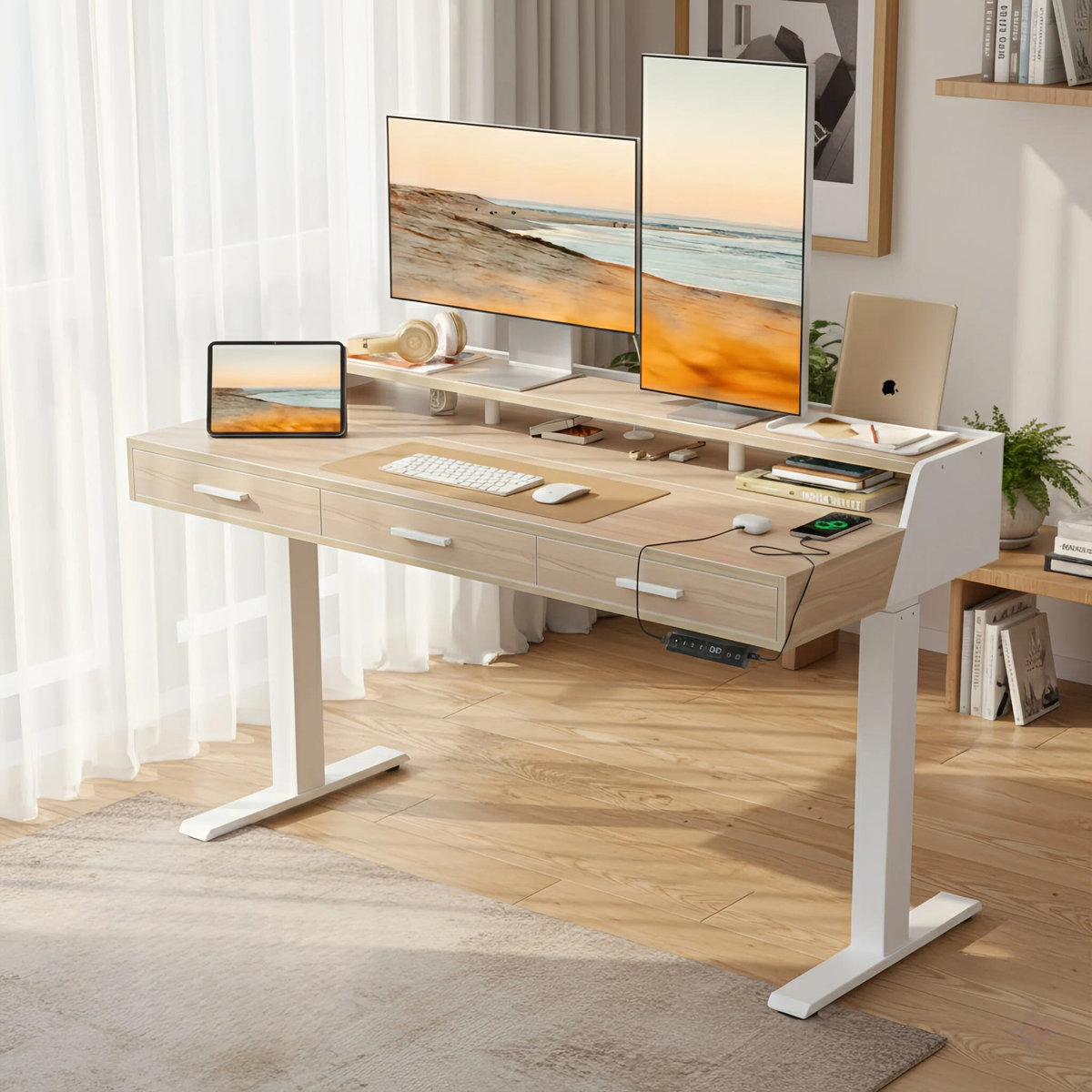 Inbox Zero electric standing desk with drawers Ivory/White, 55" W x 26" D