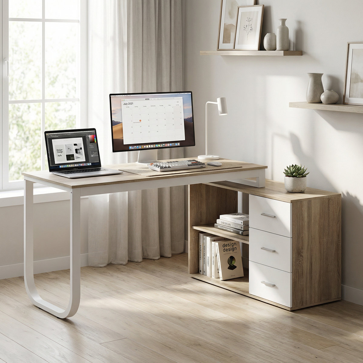 Corrigan Studio Latwon L-shaped steel writing desk Oak/White