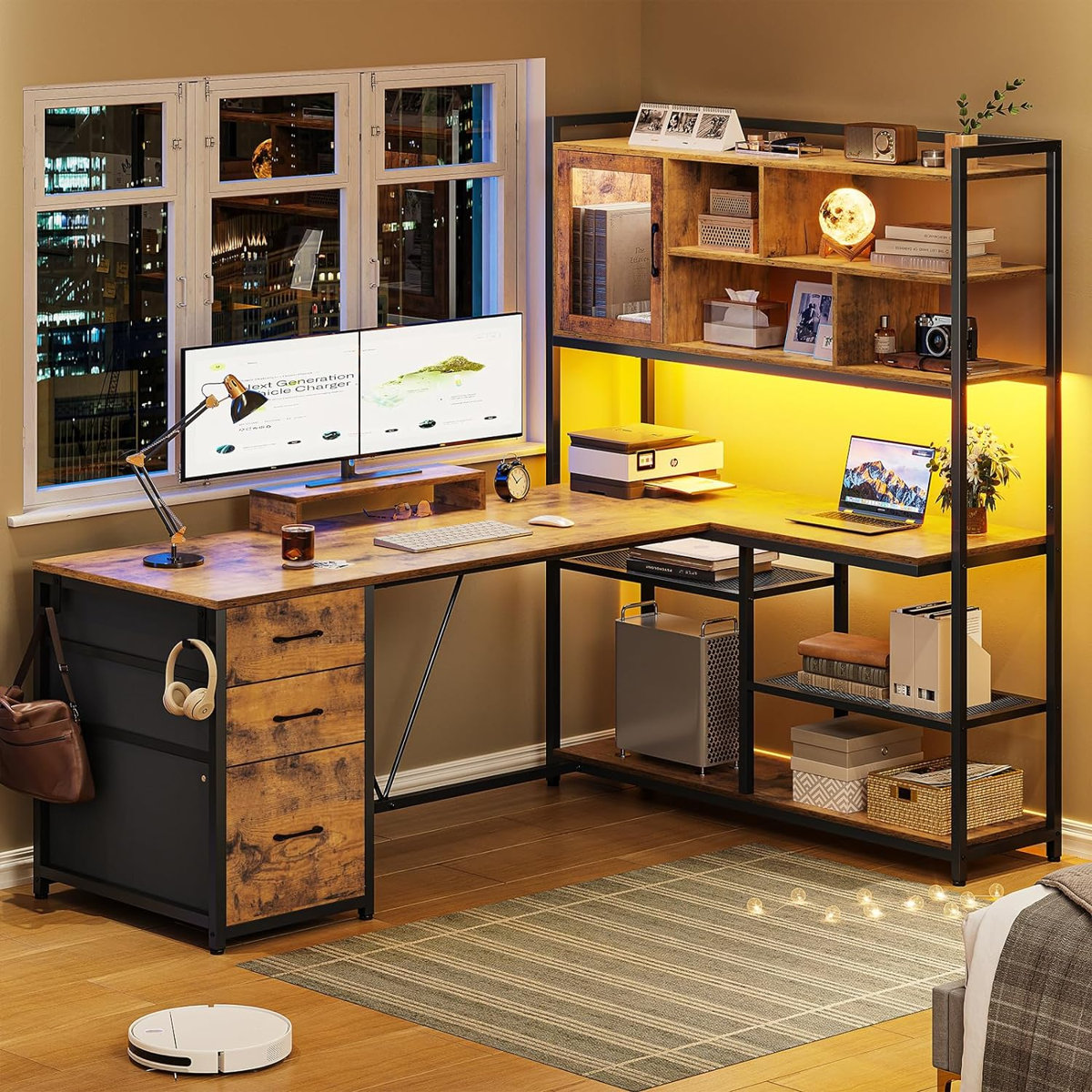 17 Stories Barbarino modular L-shaped iron computer desk Rustic Brown
