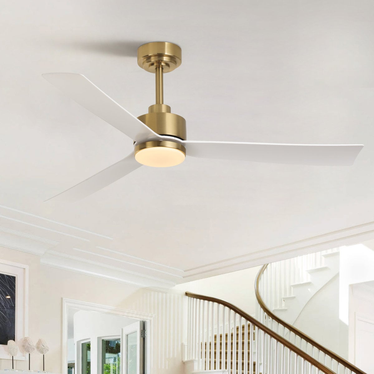 Wrought Studio Karlena 52-inch dimmable ceiling fan with light and remote Gold with Pearl White Blade