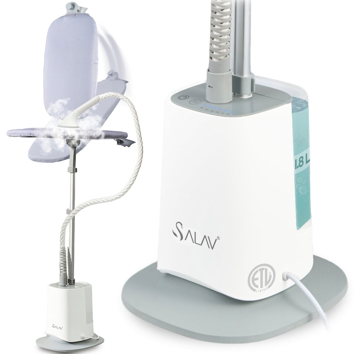 SALAV Complete standing garment steamer with pivoting ironing board 