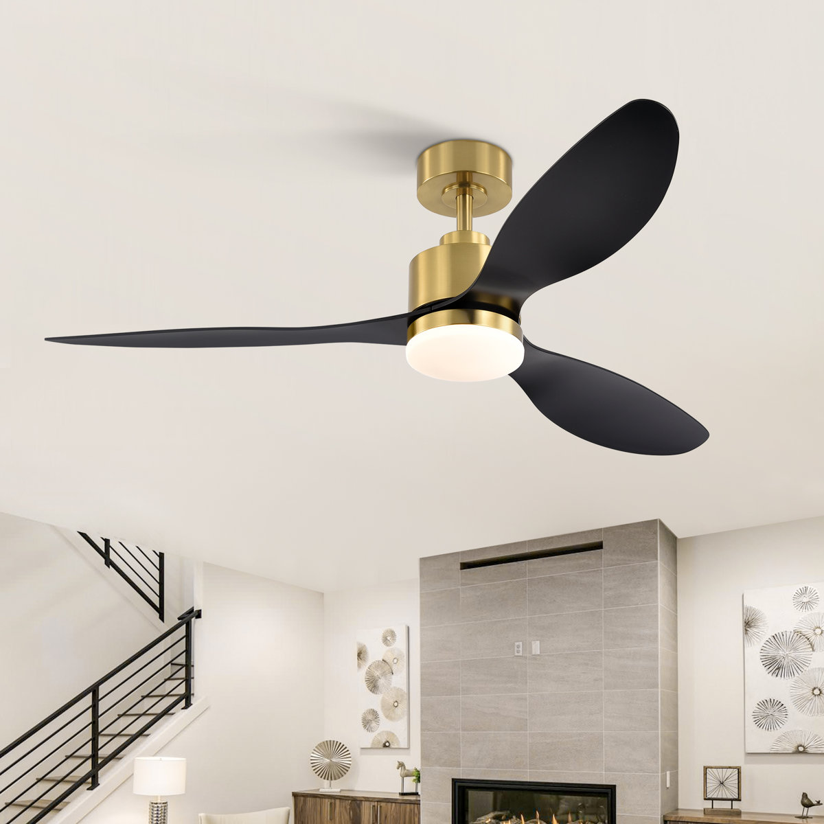Mercer41 Loritta three-blade ceiling fan with light 52" Wide, Gold with Black Blades