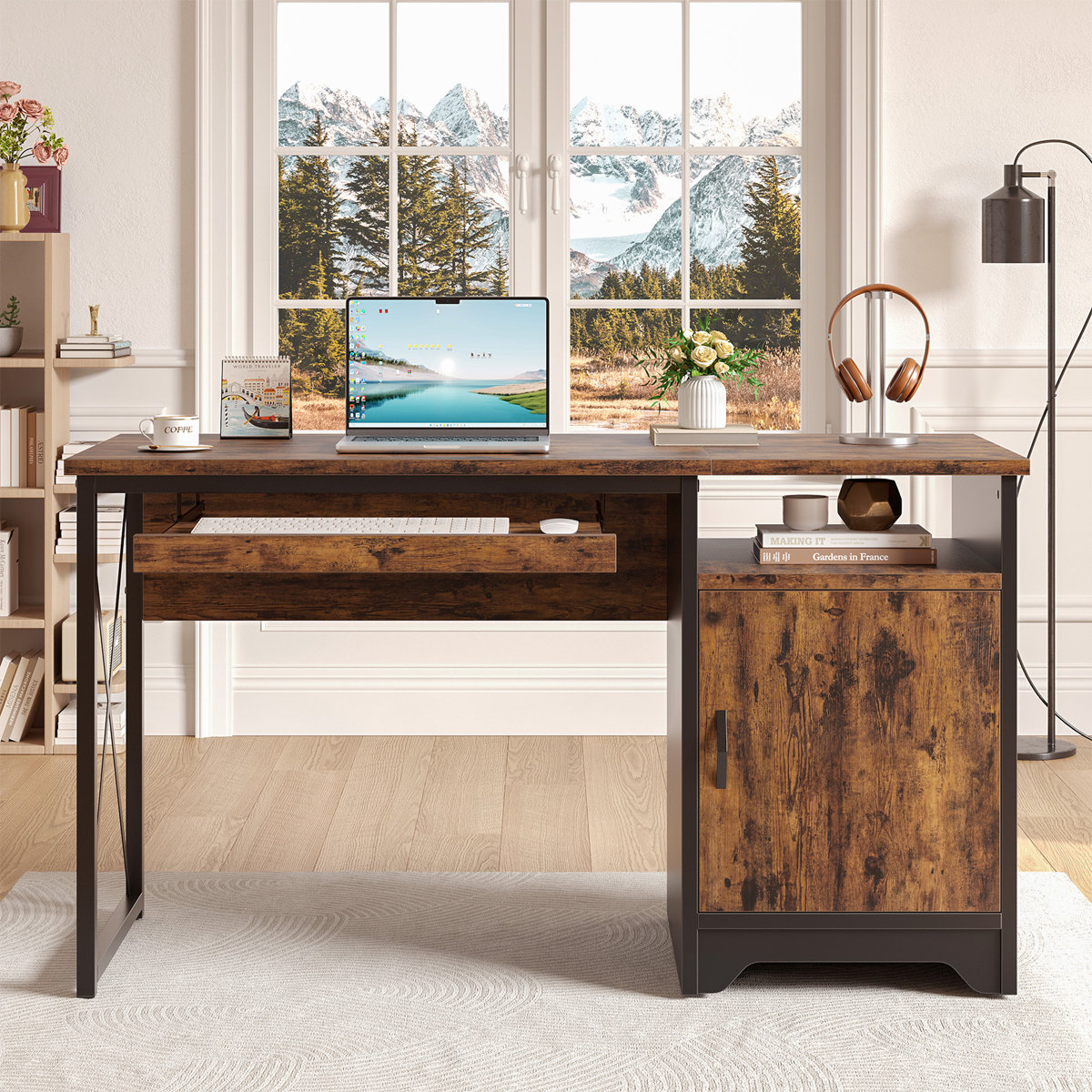 Steelside 47-inch reversible computer desk with cabinet and keyboard tray Brown