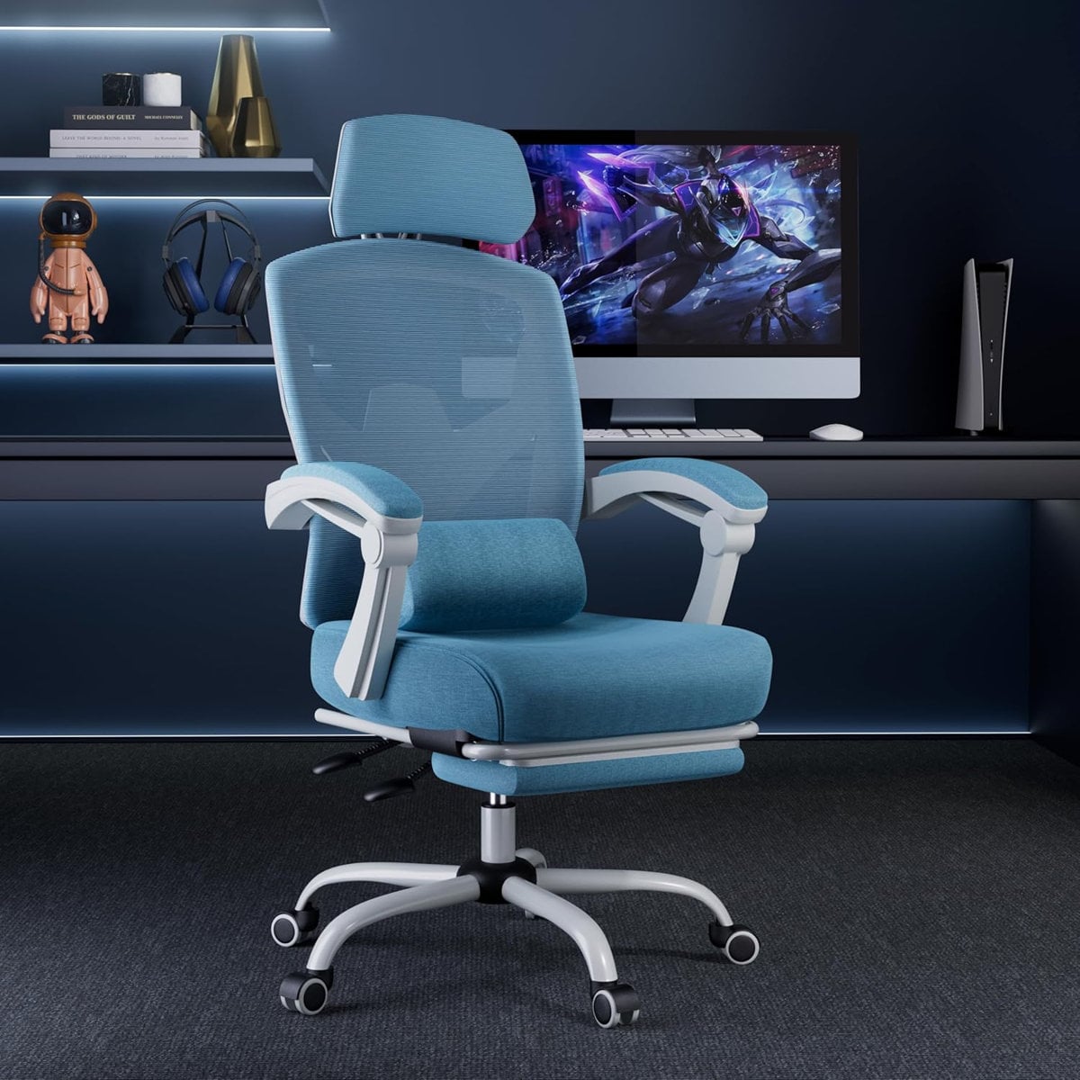 Inbox Zero high-back mesh office chair with lumbar pillow Silver, Blue