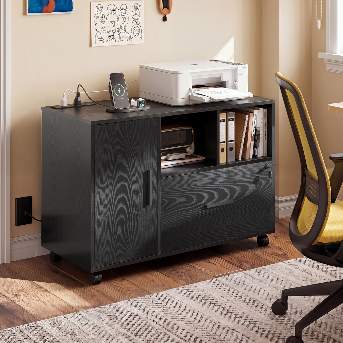 17 Stories Cambrie rolling file cabinet with charging station Black