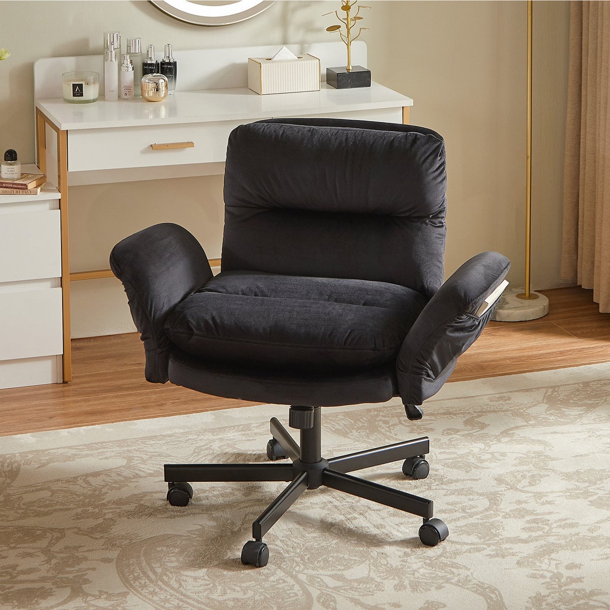Steelside velour cross-legged office chair with flip-up armrests Black, Cotton/Fabric