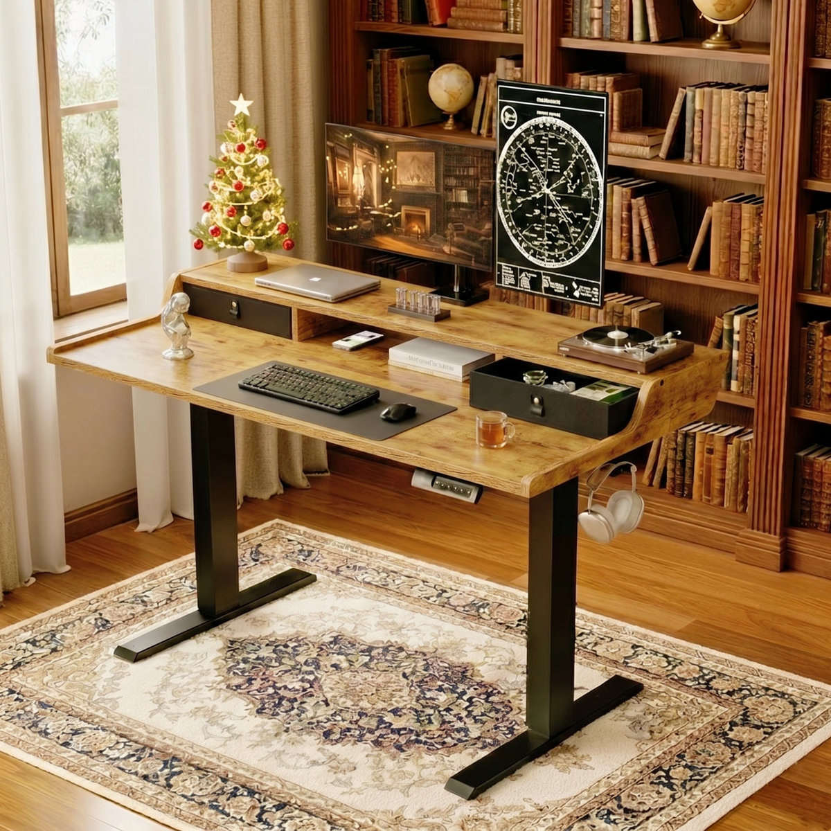 Inbox Zero Momoyo adjustable-height desk with drawers Brown/Black