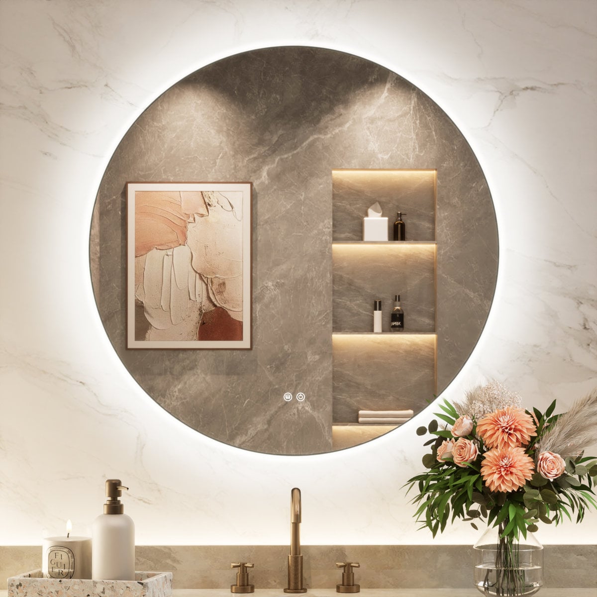 Orren Ellis Adorna round frameless backlit LED bathroom vanity mirror 32" x 32"