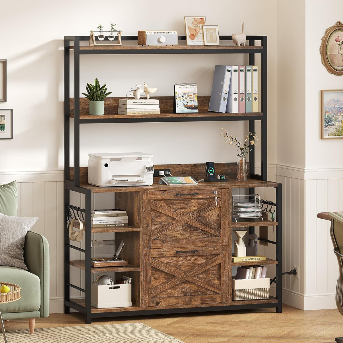 Bay Isle Home vertical file cabinet with charging station and lock Rustic Brown