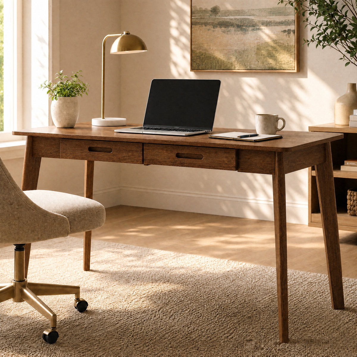 George Oliver Caidence two-drawer writing desk with solid wood legs 29.53" H x 47.2" W x 21.7" D, Brown / Brown