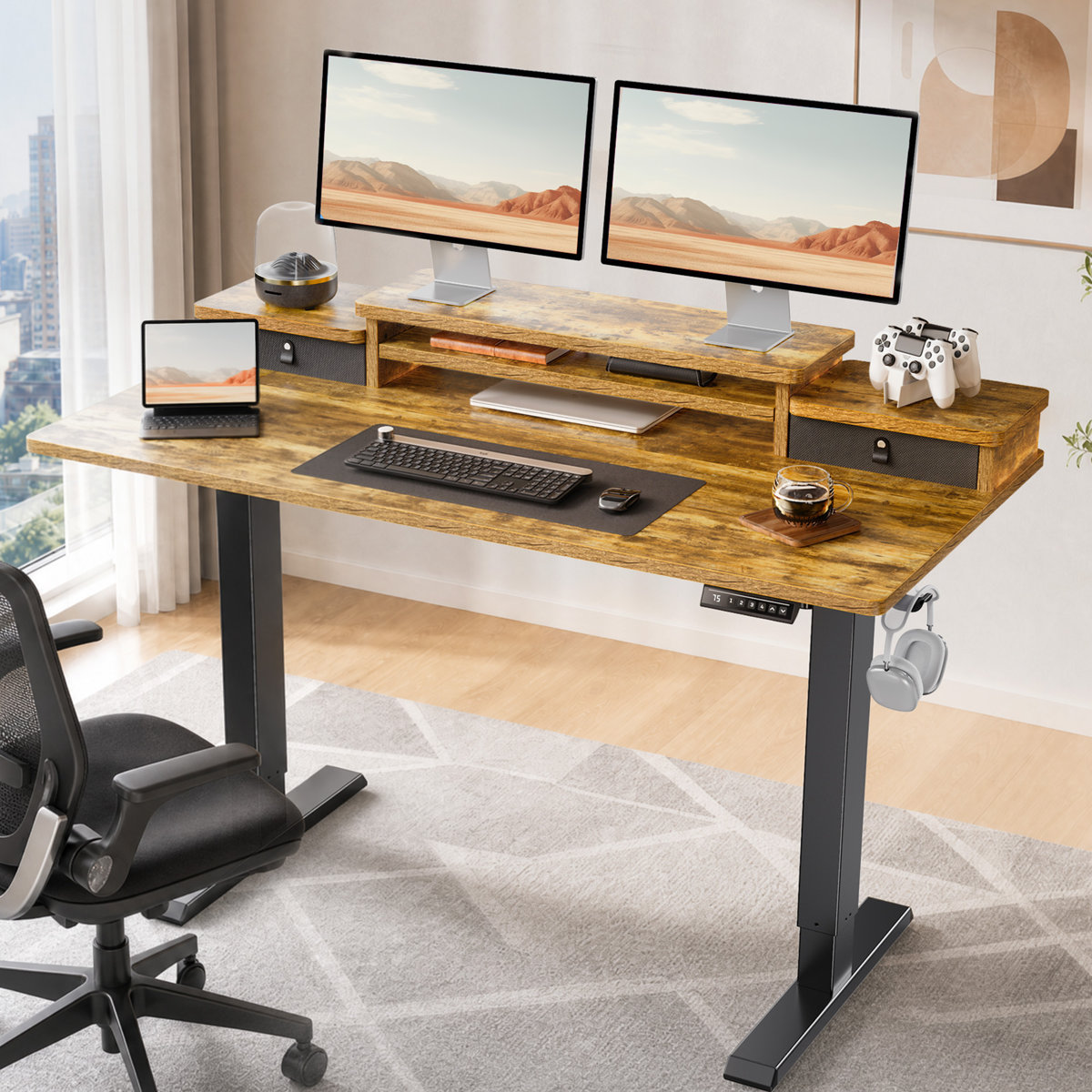17 Stories electric standing desk with dual-tier monitor shelf 28.5" H x 55" W x 28" D, Vintage Brown/Black