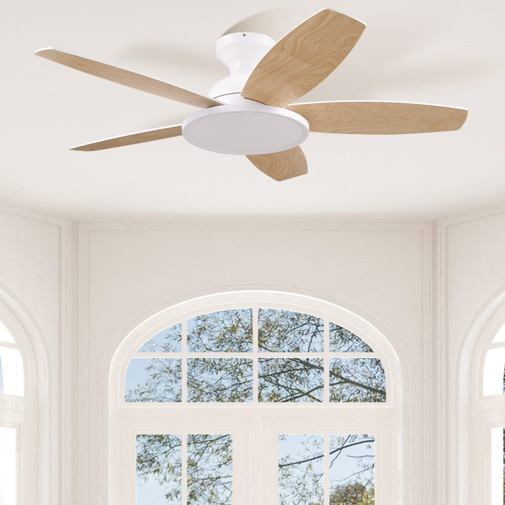 Wrought Studio flush mount ceiling fan with LED light and remote 42", White with White/Oak Wood Blades