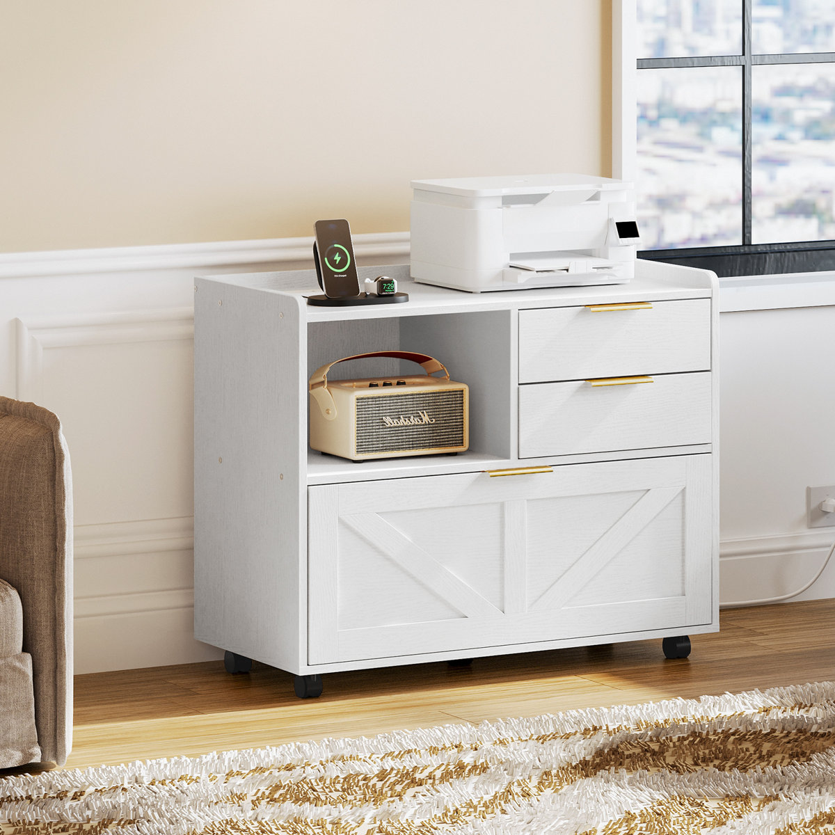 Gracie Oaks 31.5-inch mobile file cabinet with charging station White