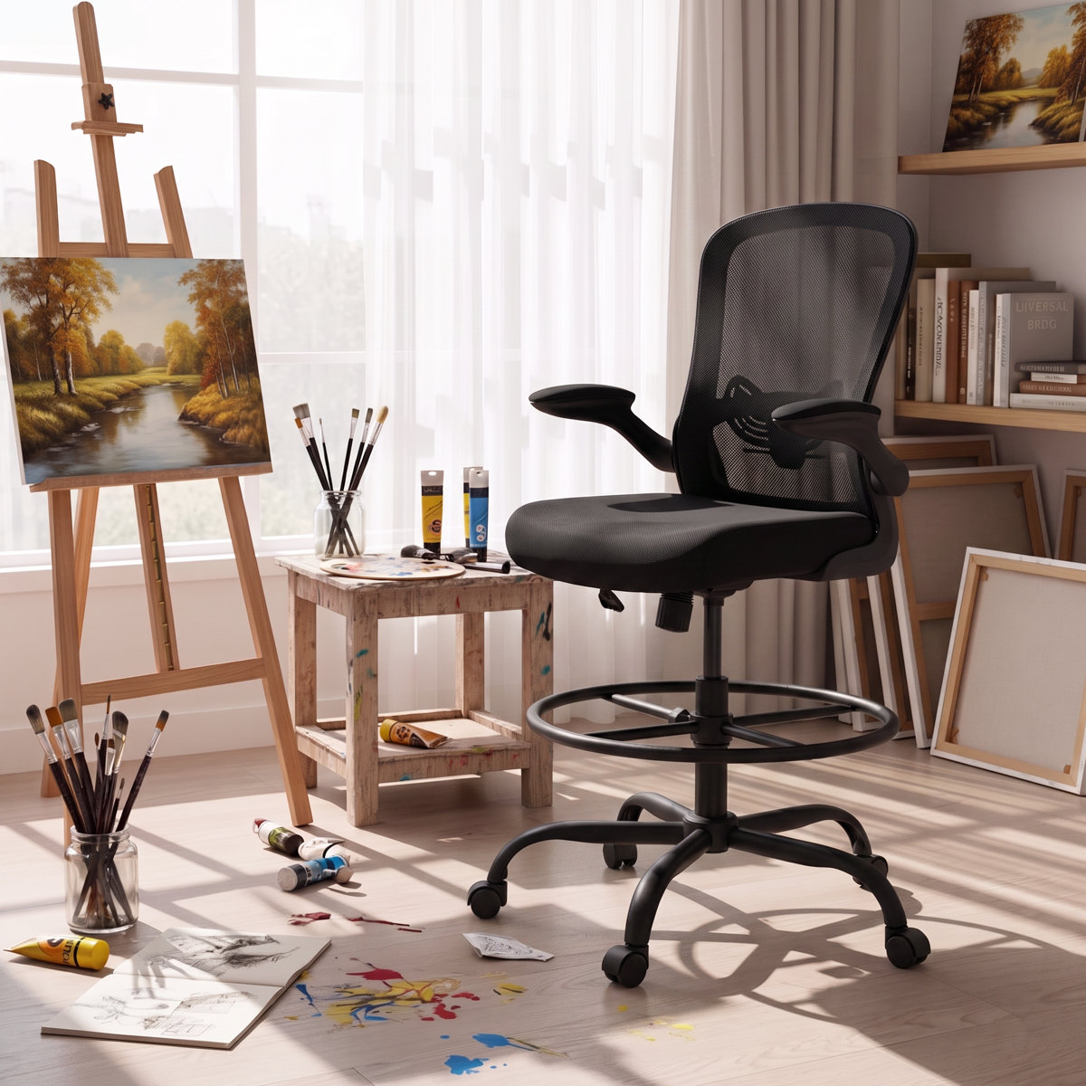 Inbox Zero ergonomic drafting chair with flip-up armrests and footrest ring Black