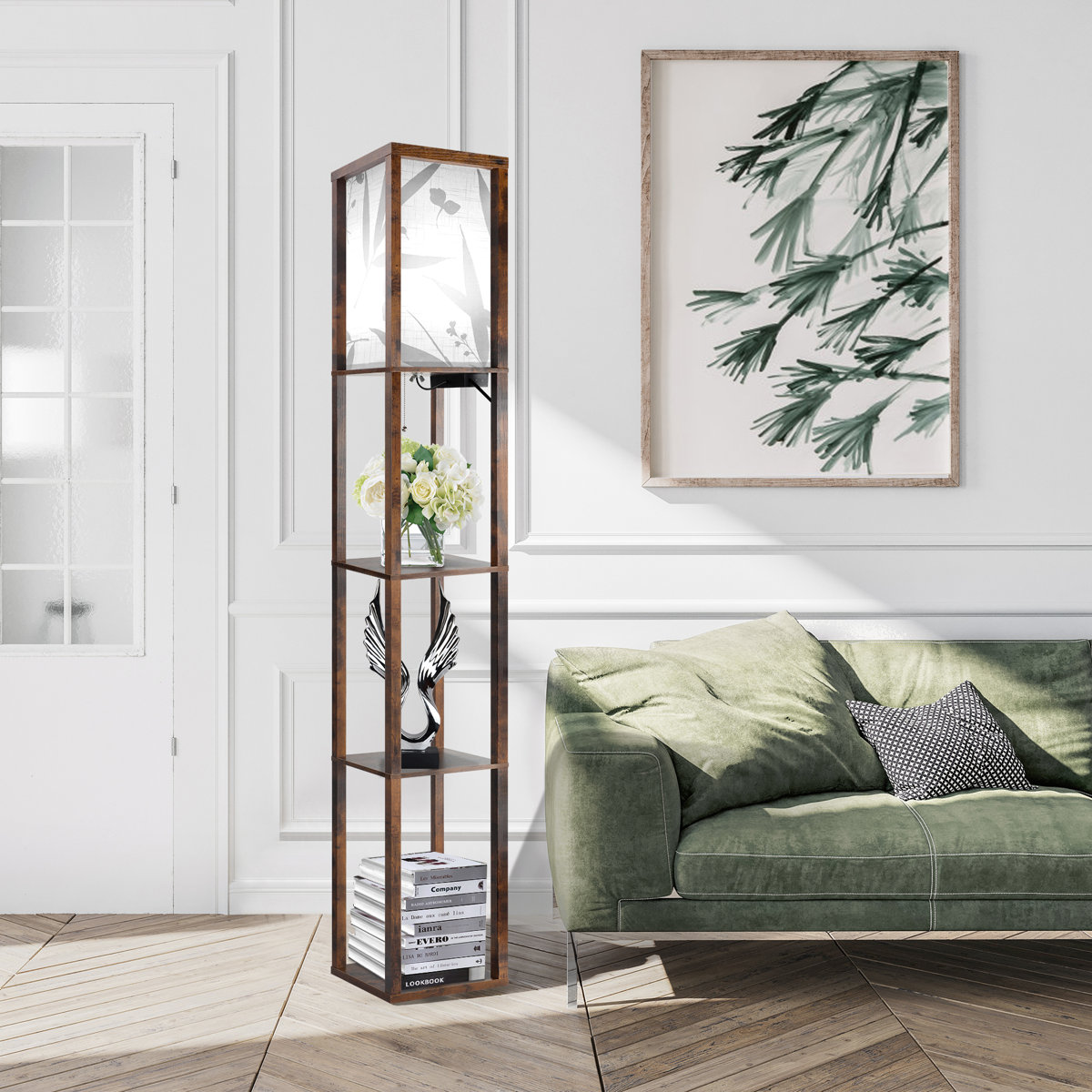 Latitude Run Jarold dimmable column floor lamp with shelves, remote and USB Vintage