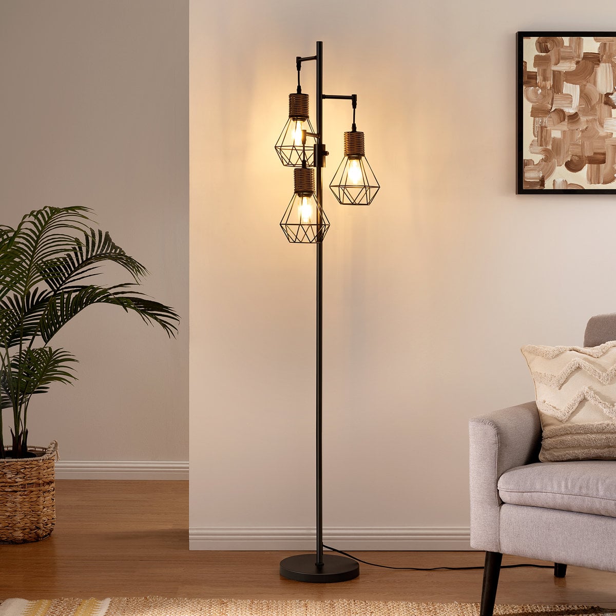 Bay Isle Home Crevan 65-inch dimmable rattan tree floor lamp Matte Black