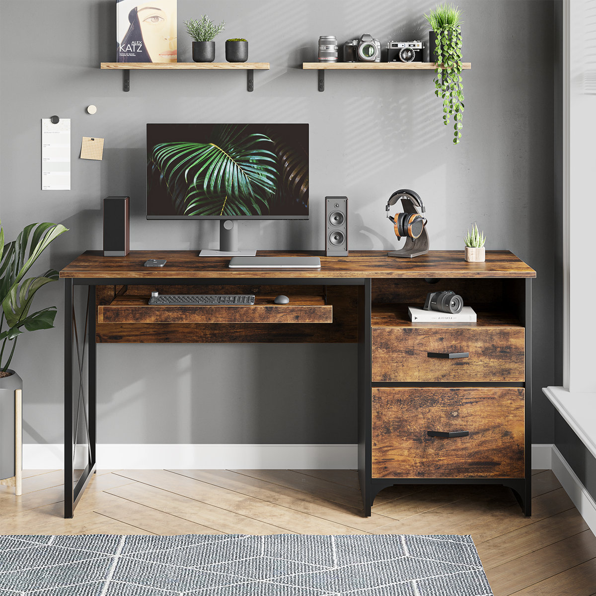 Steelside Labelle 55-inch computer desk with keyboard tray Rustic Brown/Black