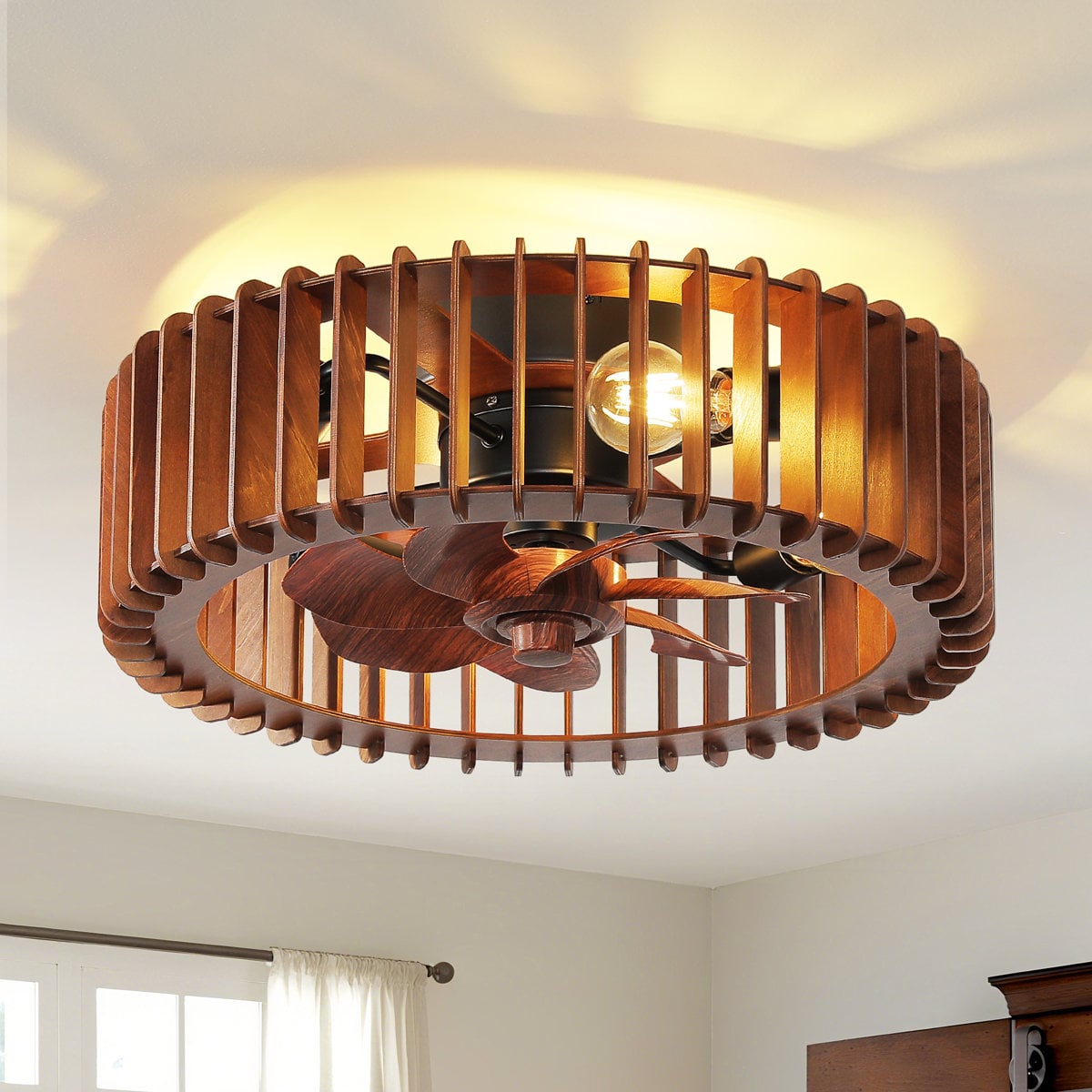 Millwood Pines 20-inch flush mount caged ceiling fan with lights and remote Walnut