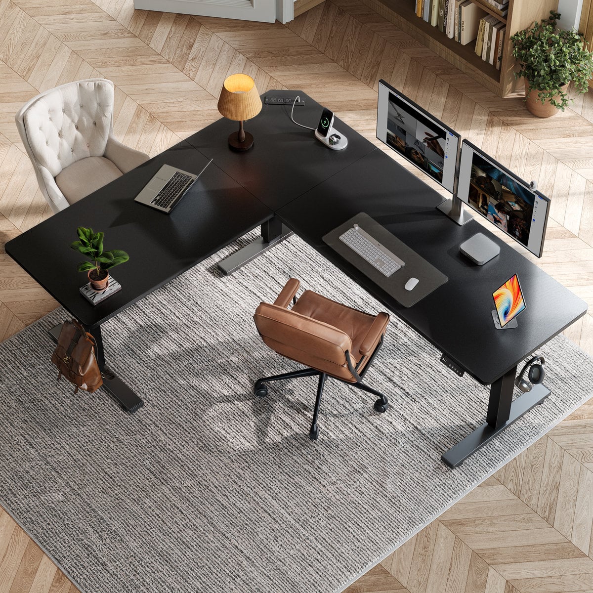 Inbox Zero L-shaped electric standing desk 45.7" H x 63" W x 55" D, Black