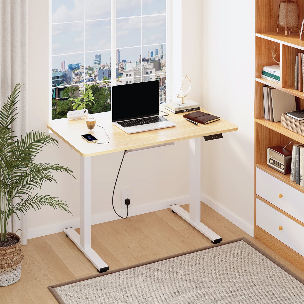 Inbox Zero standing desk with built-in power outlet Maple/White