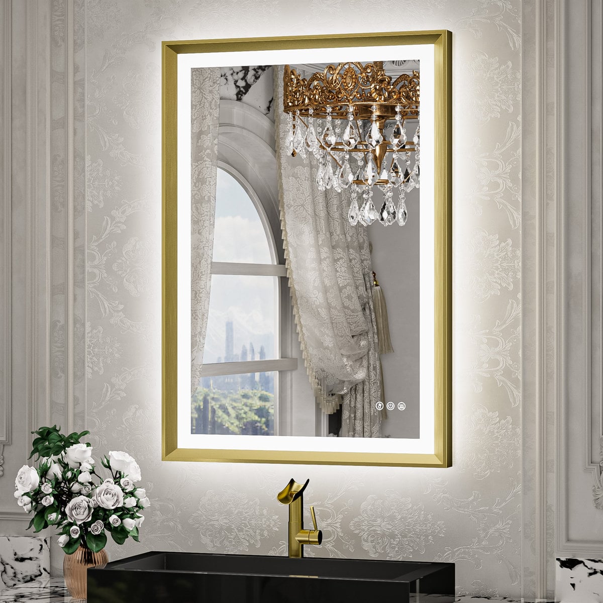 Latitude Run New Rockford frontlit and backlit LED bathroom vanity mirror 36" x 24", Gold, Rectangle