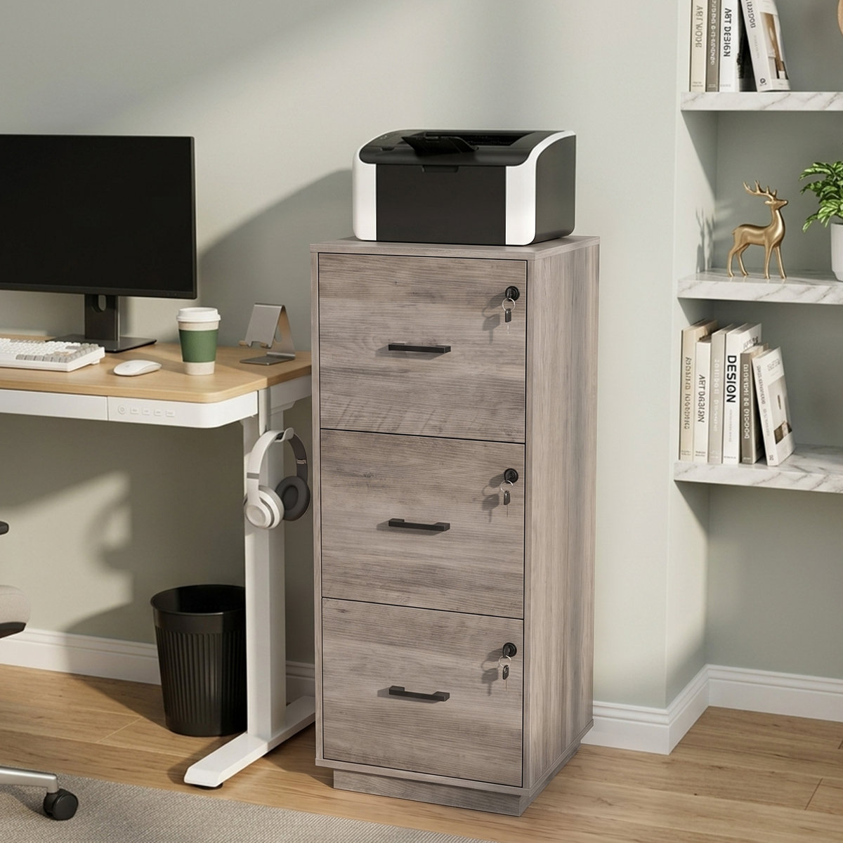 Inbox Zero three-drawer wooden file cabinet with lock Gray