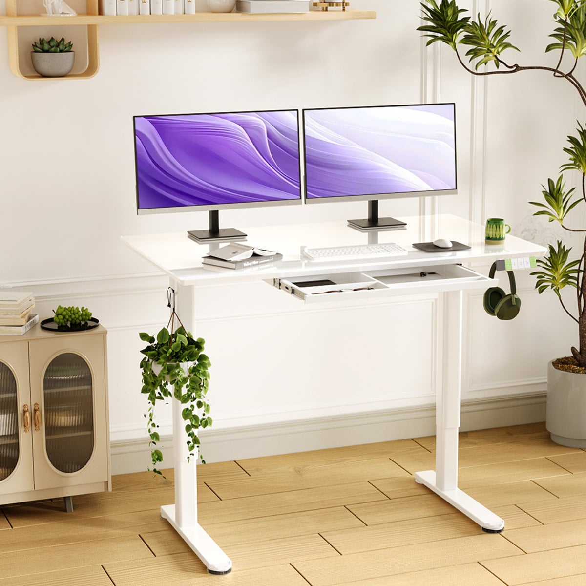 Inbox Zero 48-inch standing desk with drawer White, 46.4" H x 48" W x 24" D