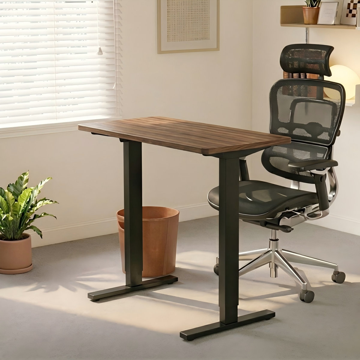Ebern Designs electric standing desk with four memory presets 46.5' H X 32'' W X 19'' D, Black Walnut/Black