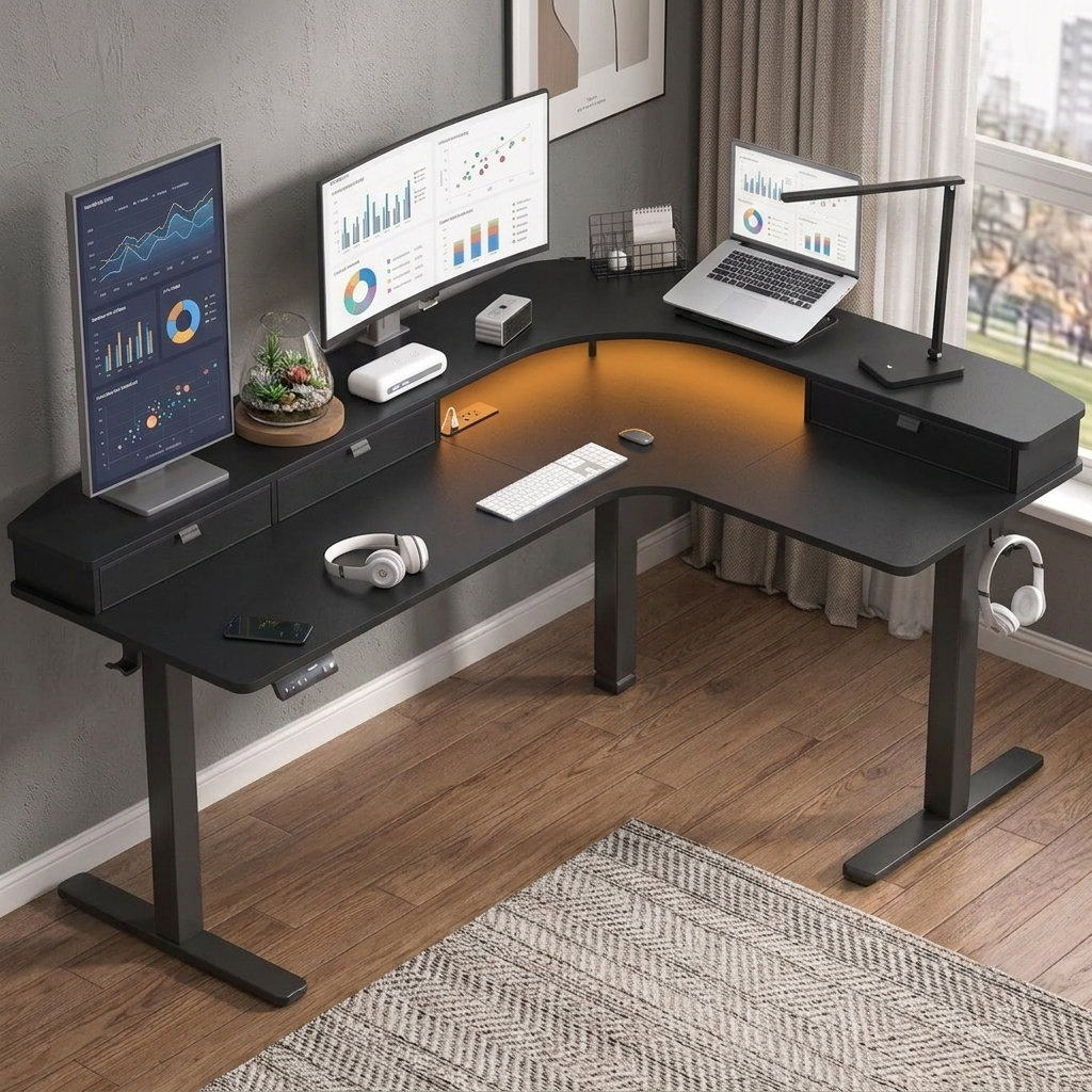 Inbox Zero 66-inch height-adjustable L-shaped desk with power outlets Black/Black