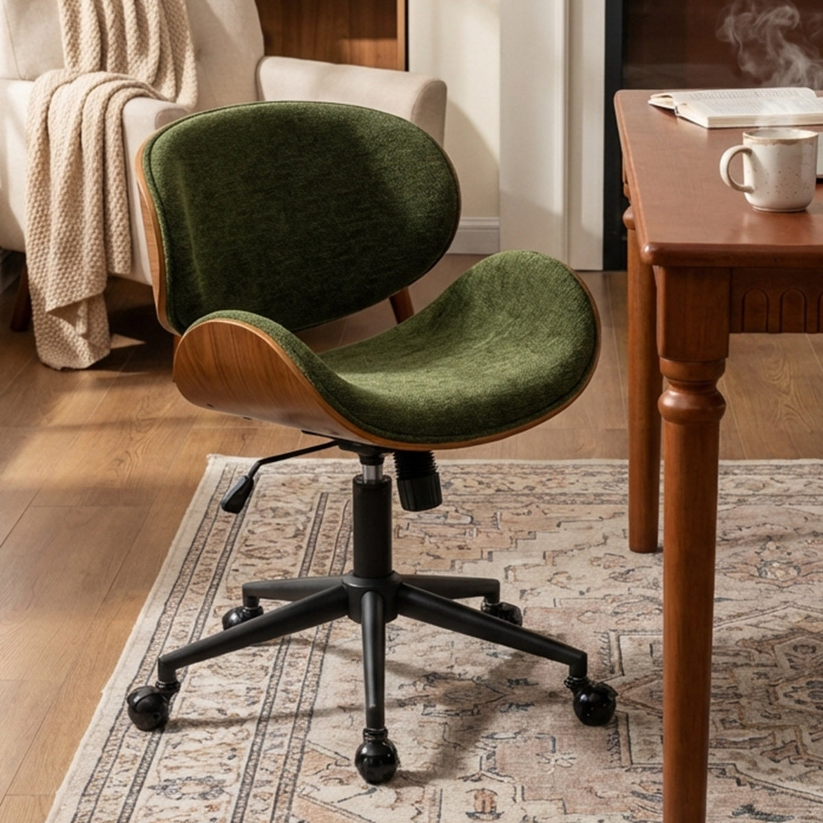George Oliver chenille swivel office chair with bentwood trim Green Chenille