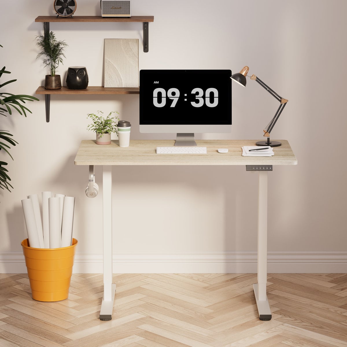 Inbox Zero whole-piece standing desk with hooks 46.5" H x 39.4" W x 23.6" D, Light Brown/White