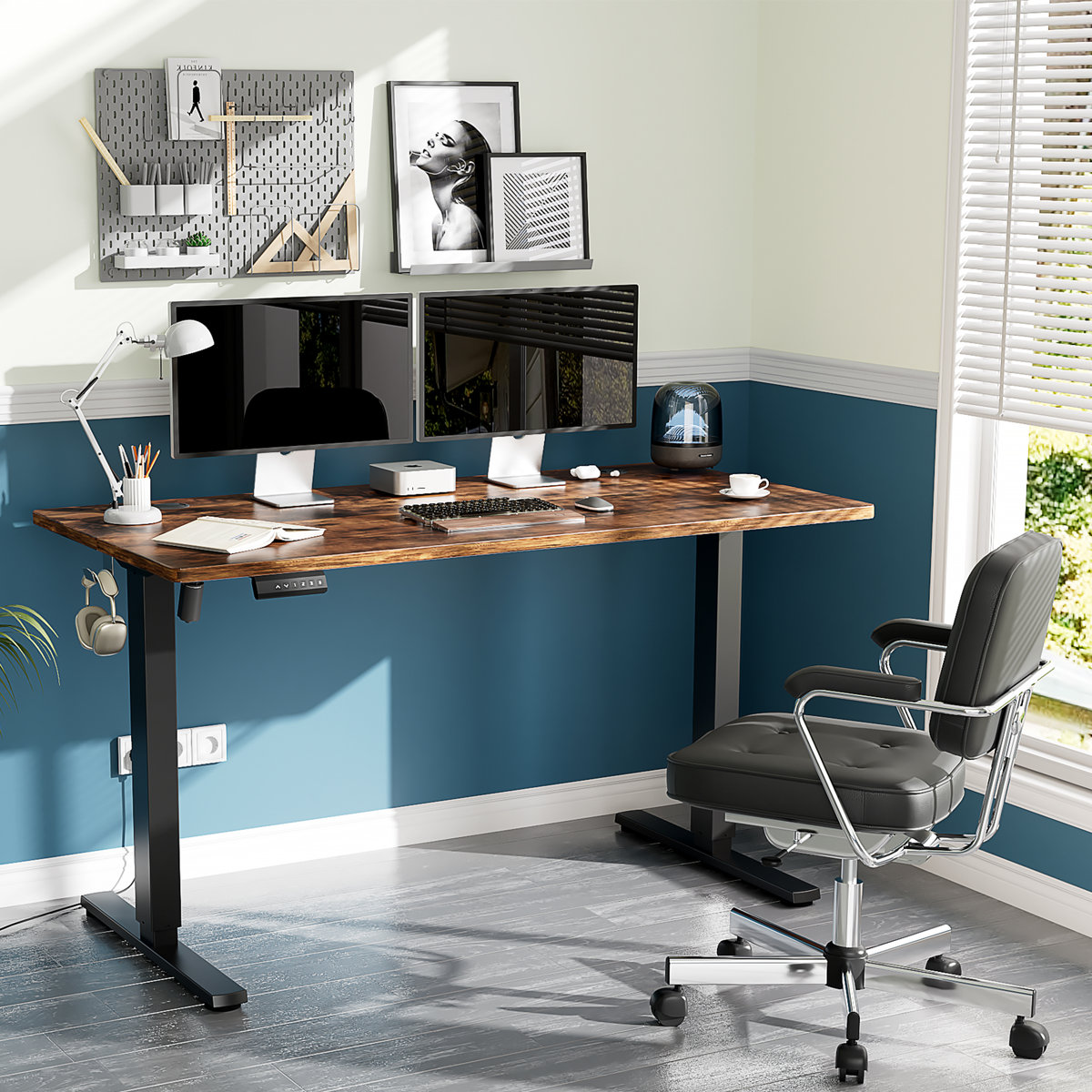 Ebern Designs Aguilera height-adjustable standing desk 48'' H x 47.24'' W x 23.62'' D, Rustic Brown/Black